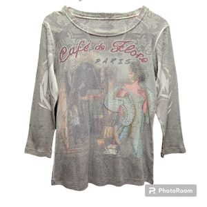4/$20 Y2K Cafe de Flores Paris Embellished 3/4 Sleeve Top size Petite Small